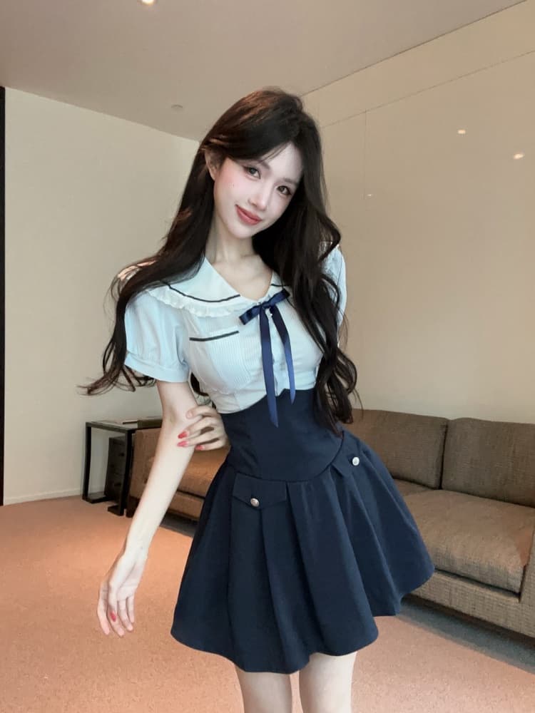 실사 순수한 욕망 핫걸 연령 감소 해군 칼라 스트라이프 레이스 조각 맨위 디자인 센스 하이웨이스트 미니 스커트 상세 이미지 11