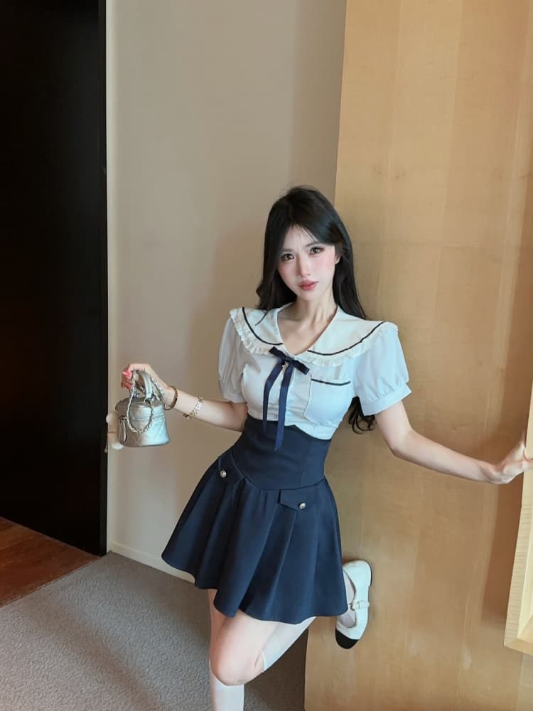 실사 순수한 욕망 핫걸 연령 감소 해군 칼라 스트라이프 레이스 조각 맨위 디자인 센스 하이웨이스트 미니 스커트 상세 이미지 12