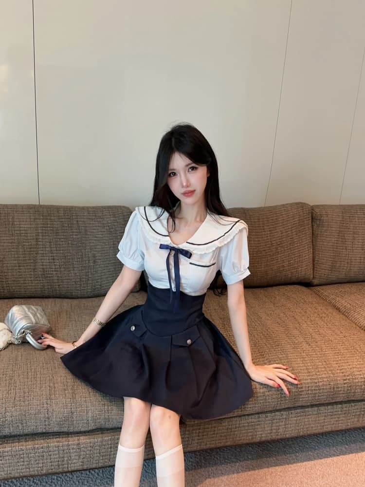 실사 순수한 욕망 핫걸 연령 감소 해군 칼라 스트라이프 레이스 조각 맨위 디자인 센스 하이웨이스트 미니 스커트 상세 이미지 13