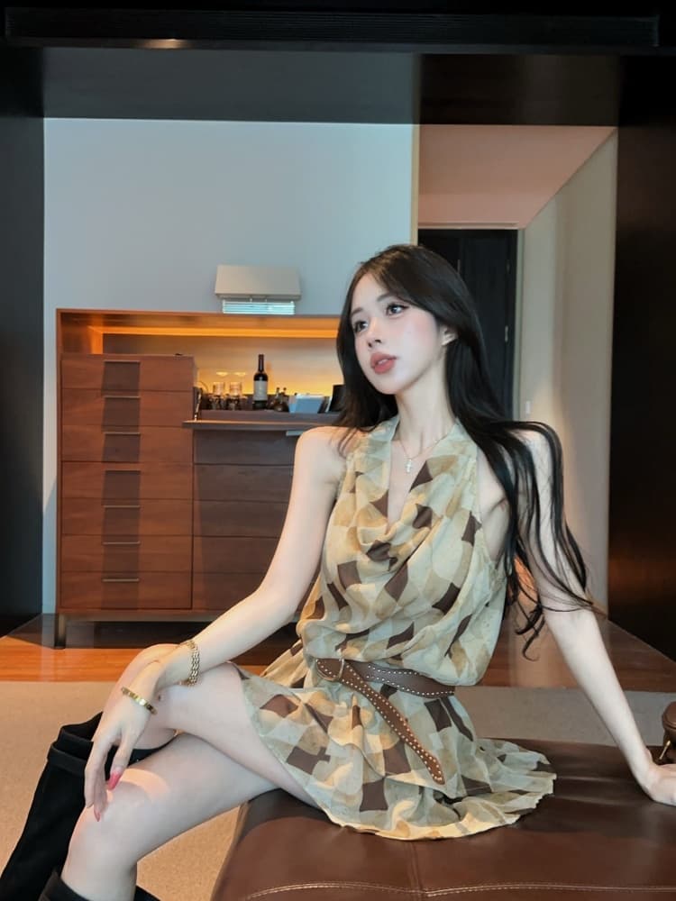 실사 핫걸 불규칙 디자인 센스 프릴 프랑스식 외국 가스 작은 심장 기계 섹시함 행침 목 드레스 상세 이미지 8