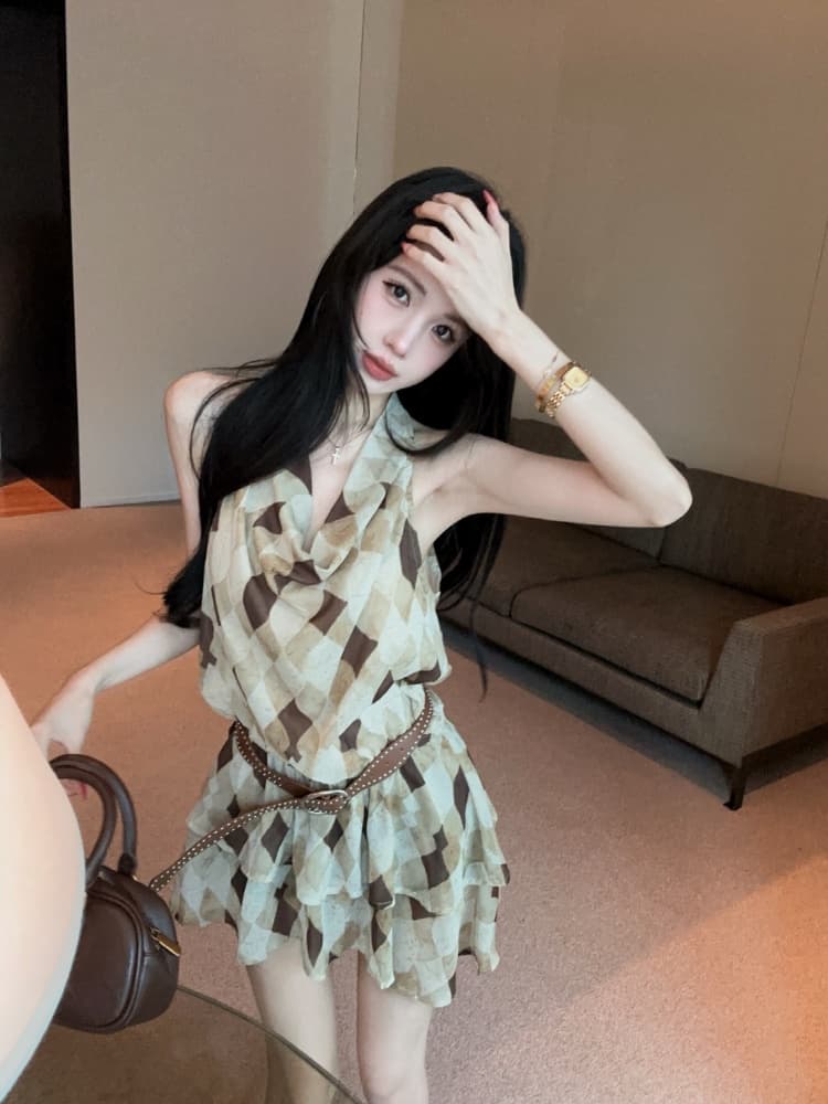 실사 핫걸 불규칙 디자인 센스 프릴 프랑스식 외국 가스 작은 심장 기계 섹시함 행침 목 드레스 상세 이미지 9