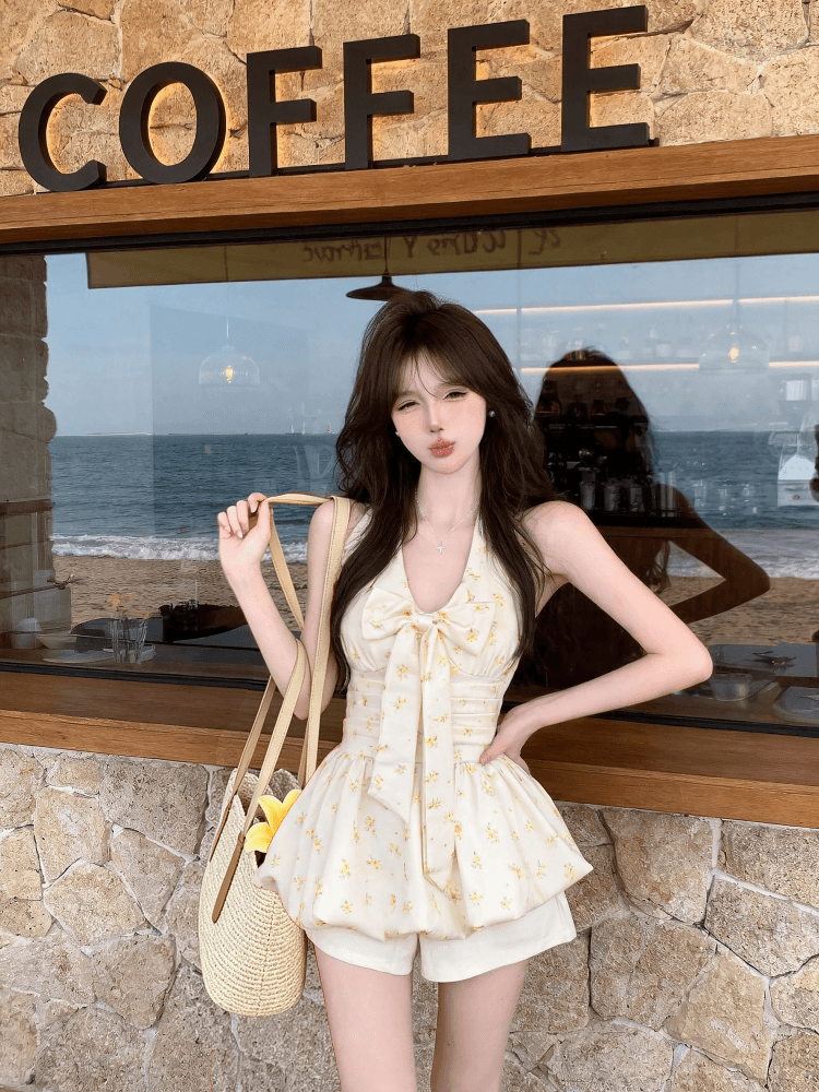실사 달콤함 꽃무늬 행침 목 조끼 프랑스식 나비 넥타이 꽃밭 맨위 반바지 세트 상세 이미지 1