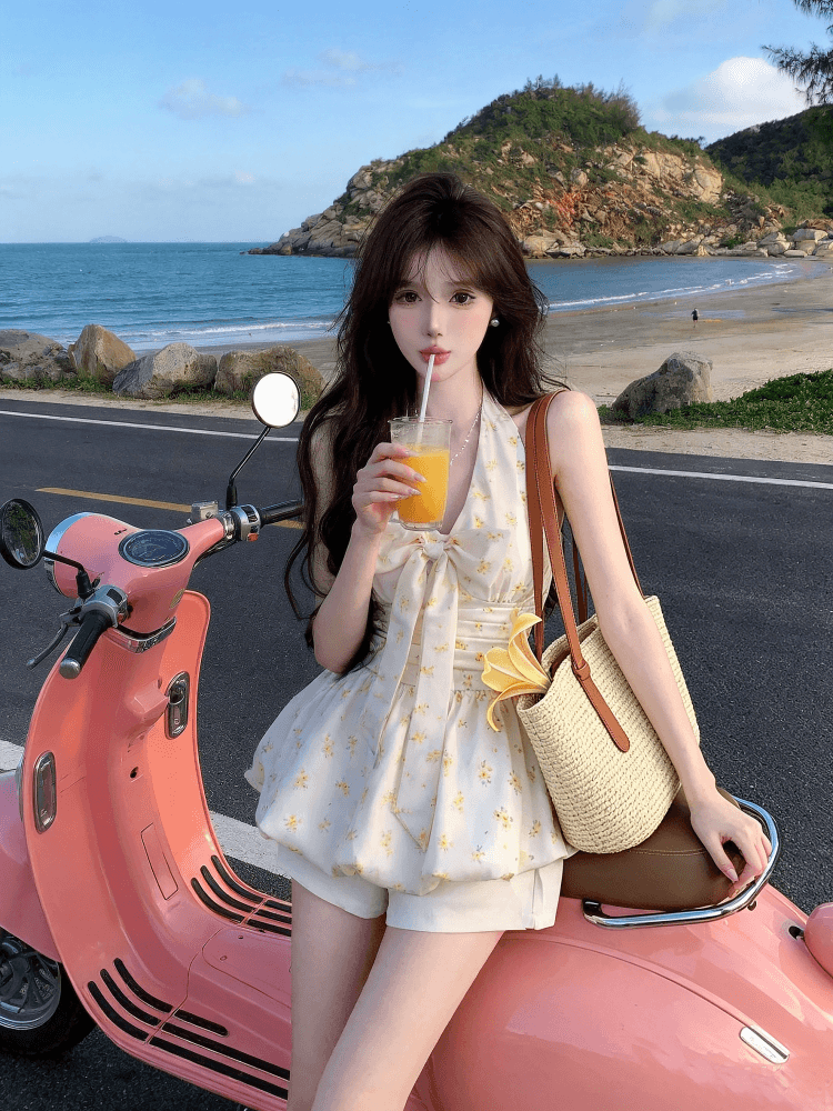 실사 달콤함 꽃무늬 행침 목 조끼 프랑스식 나비 넥타이 꽃밭 맨위 반바지 세트 상세 이미지 2