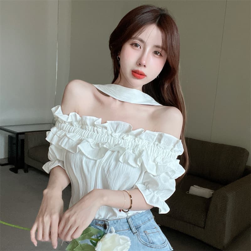 실사 작은 대중 핫걸 섹시함 이슬 쇄골 오프숄더 디자인 센스 프릴 행침 목 Chic 맨위 상세 이미지 1