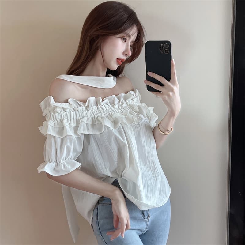 실사 작은 대중 핫걸 섹시함 이슬 쇄골 오프숄더 디자인 센스 프릴 행침 목 Chic 맨위 상세 이미지 9