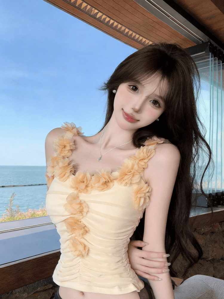실사 순수한 욕망 바람 3 차원 프릴 주름 조끼 프랑스식 작은 대중 아름다운 민소매 오프숄더 맨위 상세 이미지 8