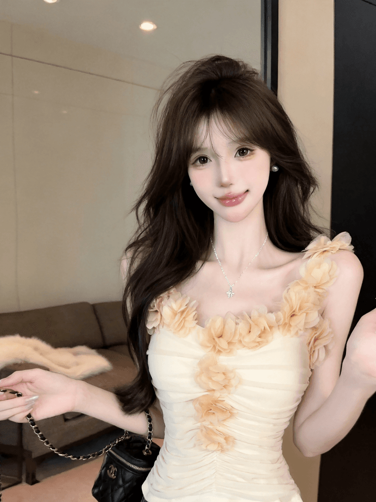 실사 순수한 욕망 바람 3 차원 프릴 주름 조끼 프랑스식 작은 대중 아름다운 민소매 오프숄더 맨위 상세 이미지 9