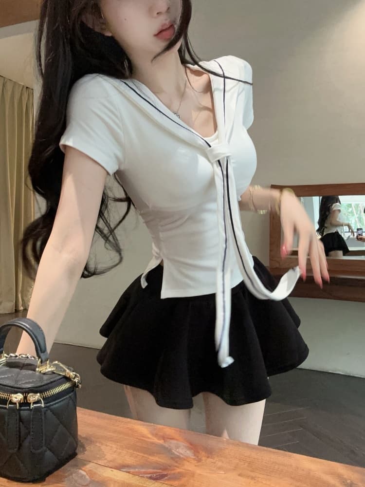 실사 달콤한 핫걸 연령 감소 해군 칼라 품격 프랑스식 트임 몸매 가꾸기 다용도 단색 쇼트 스타일 맨위 상세 이미지 6