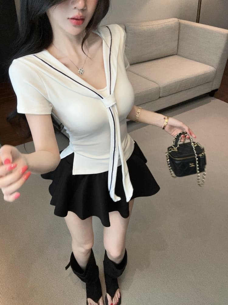 실사 달콤한 핫걸 연령 감소 해군 칼라 품격 프랑스식 트임 몸매 가꾸기 다용도 단색 쇼트 스타일 맨위 상세 이미지 7