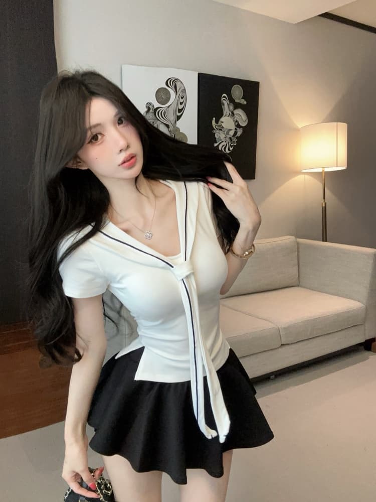 실사 달콤한 핫걸 연령 감소 해군 칼라 품격 프랑스식 트임 몸매 가꾸기 다용도 단색 쇼트 스타일 맨위 상세 이미지 9