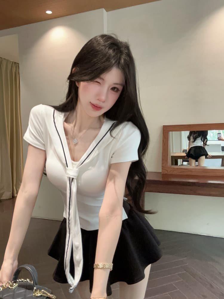 실사 달콤한 핫걸 연령 감소 해군 칼라 품격 프랑스식 트임 몸매 가꾸기 다용도 단색 쇼트 스타일 맨위 상세 이미지 11