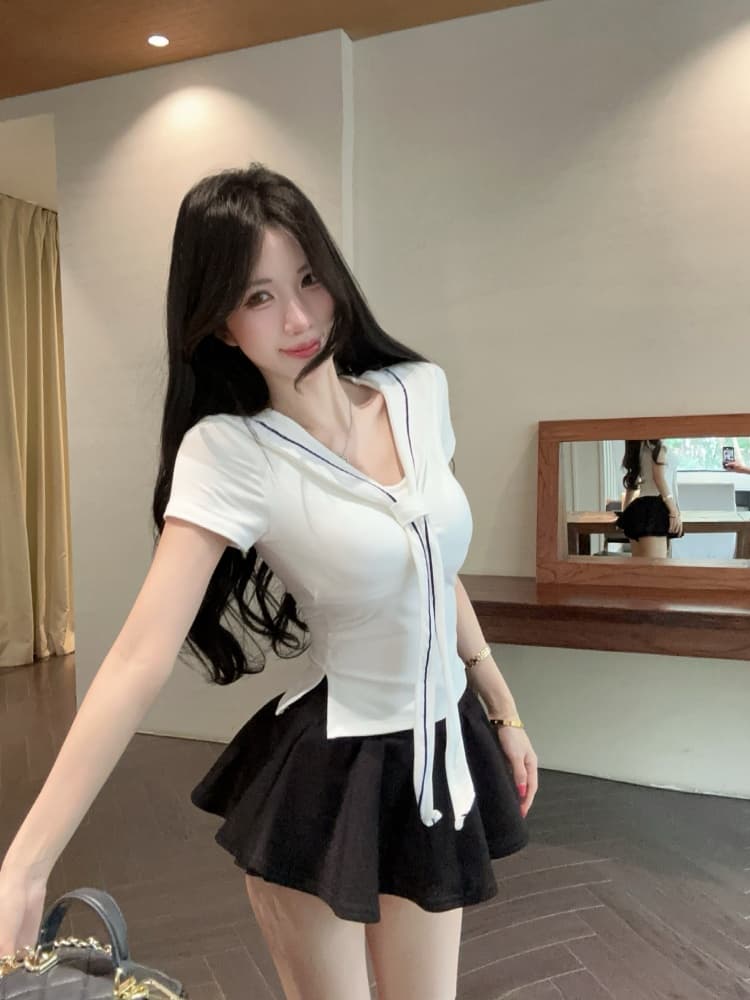 실사 달콤한 핫걸 연령 감소 해군 칼라 품격 프랑스식 트임 몸매 가꾸기 다용도 단색 쇼트 스타일 맨위 상세 이미지 12