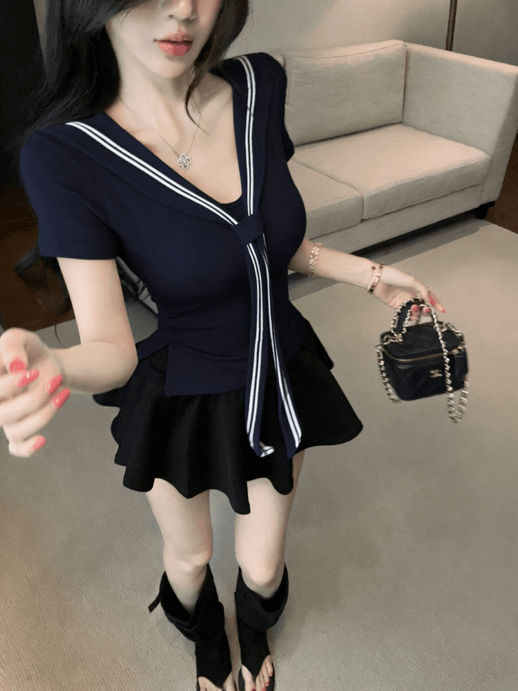 실사 달콤한 핫걸 연령 감소 해군 칼라 품격 프랑스식 트임 몸매 가꾸기 다용도 단색 쇼트 스타일 맨위 상세 이미지 15