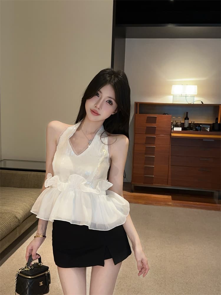 실사 핫걸 품격 스팽글 행침 목 조끼 슬립 디자인 센스 작은 대중 몸매 가꾸기 패치워크 쉬폰 작은 셔츠 이미지 3