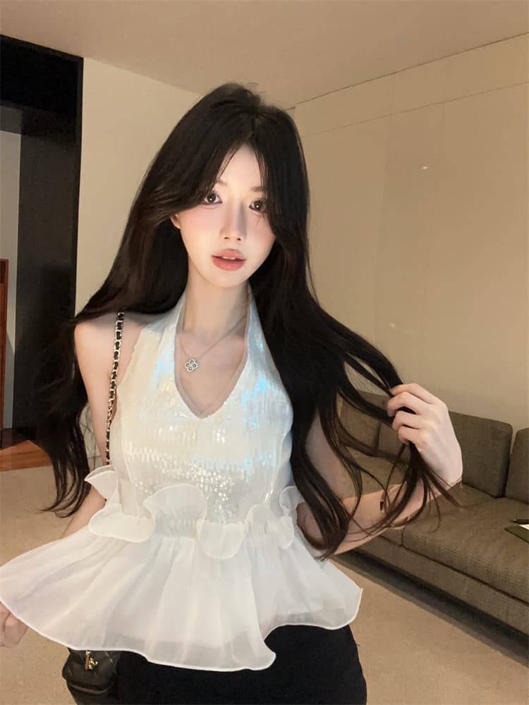 실사 핫걸 품격 스팽글 행침 목 조끼 슬립 디자인 센스 작은 대중 몸매 가꾸기 패치워크 쉬폰 작은 셔츠 이미지 2