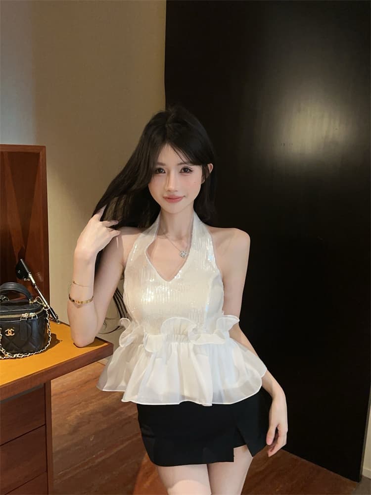 실사 핫걸 품격 스팽글 행침 목 조끼 슬립 디자인 센스 작은 대중 몸매 가꾸기 패치워크 쉬폰 작은 셔츠 상세 이미지 2