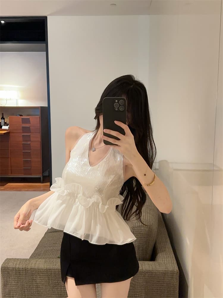 실사 핫걸 품격 스팽글 행침 목 조끼 슬립 디자인 센스 작은 대중 몸매 가꾸기 패치워크 쉬폰 작은 셔츠 상세 이미지 6