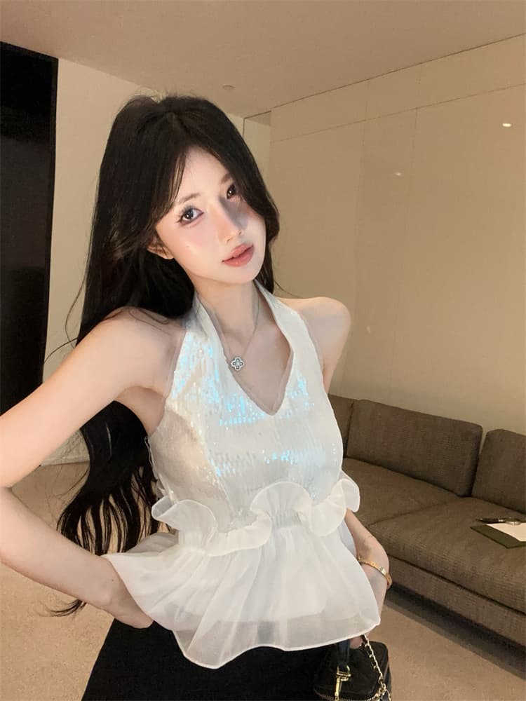 실사 핫걸 품격 스팽글 행침 목 조끼 슬립 디자인 센스 작은 대중 몸매 가꾸기 패치워크 쉬폰 작은 셔츠 상세 이미지 9