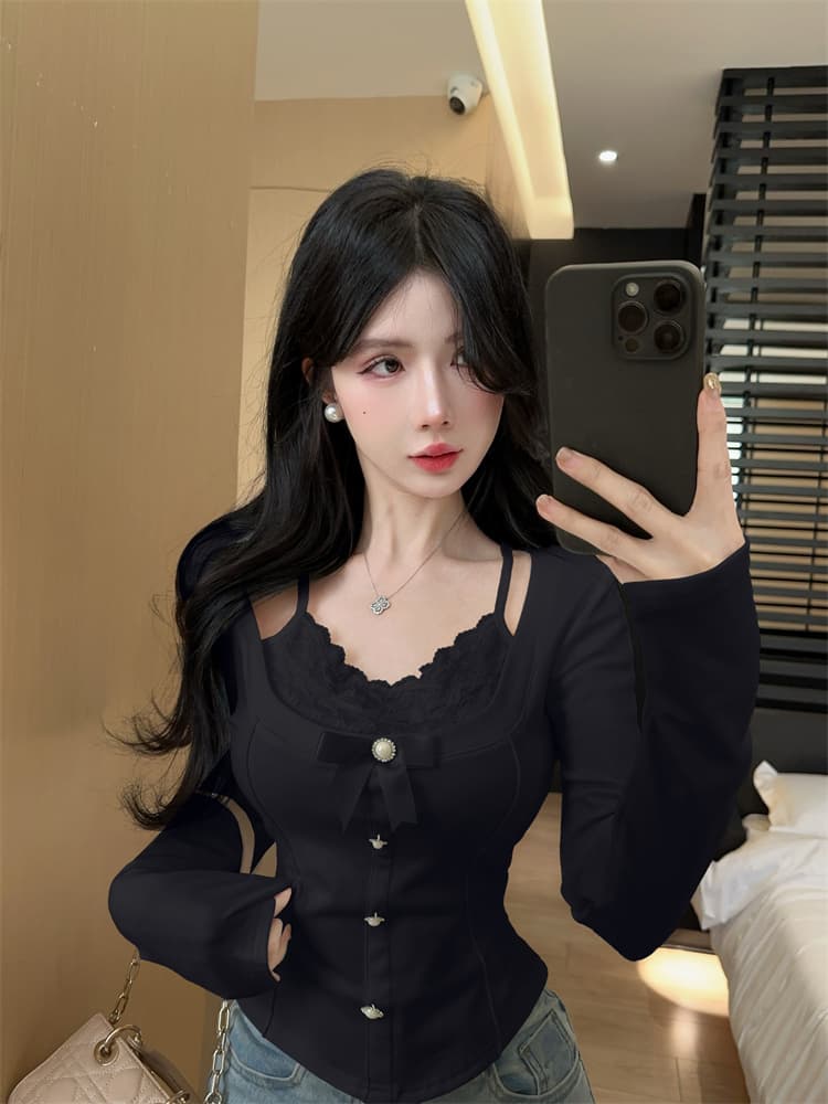 실사 달콤한 핫걸 디자인 센스 레이스 조각 페이크 레이어드 프랑스식 나비 매듭 몸매 가꾸기 긴팔 맨위 상세 이미지 15