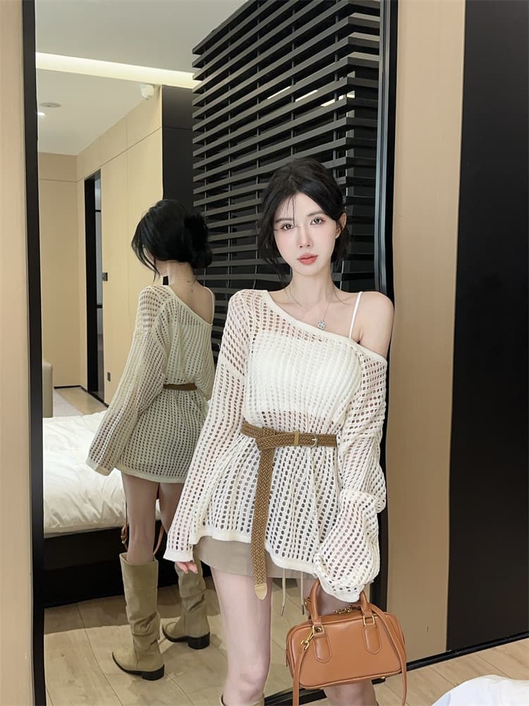 실사 부드러운 바람 핫걸 루즈핏 느긋한 섹시함 다용도 긴팔 홀로우 아웃 니트 블라우스 캐미솔 상세 이미지 6