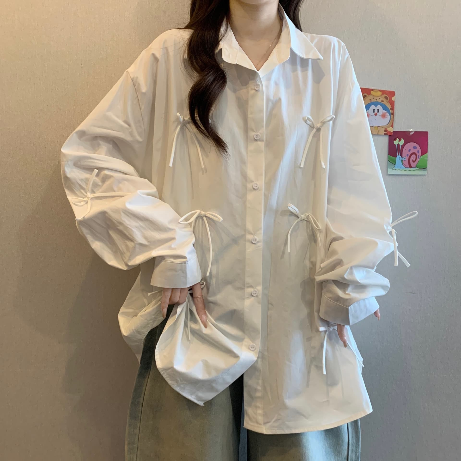 빅 사이즈 지방 mm 2026 가을 새로운 디자인 센스 나비 매듭 셔츠 프로필 모양 어깨 패드 긴팔 셔츠 여성 트렌디 상세 이미지 5