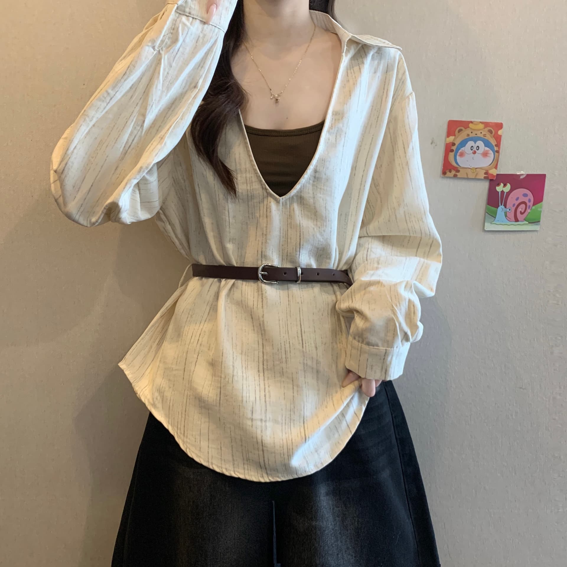 고급 센스 레트로 품격 폴로 칼라 긍정적 인 어깨 긴팔 여성 셔츠 가을 빅 사이즈 지방 mm 허리 수축 기본 셔츠 투피스 세트 이미지 3