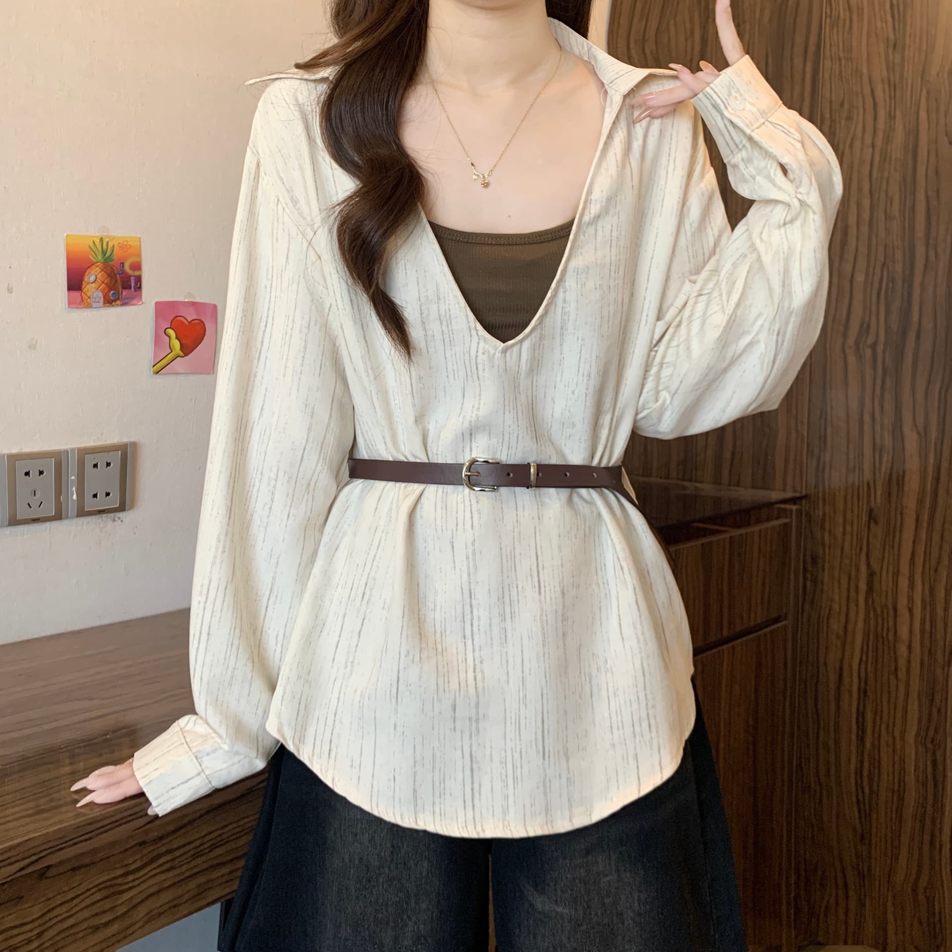 고급 센스 레트로 품격 폴로 칼라 긍정적 인 어깨 긴팔 여성 셔츠 가을 빅 사이즈 지방 mm 허리 수축 기본 셔츠 투피스 세트 상세 이미지 7