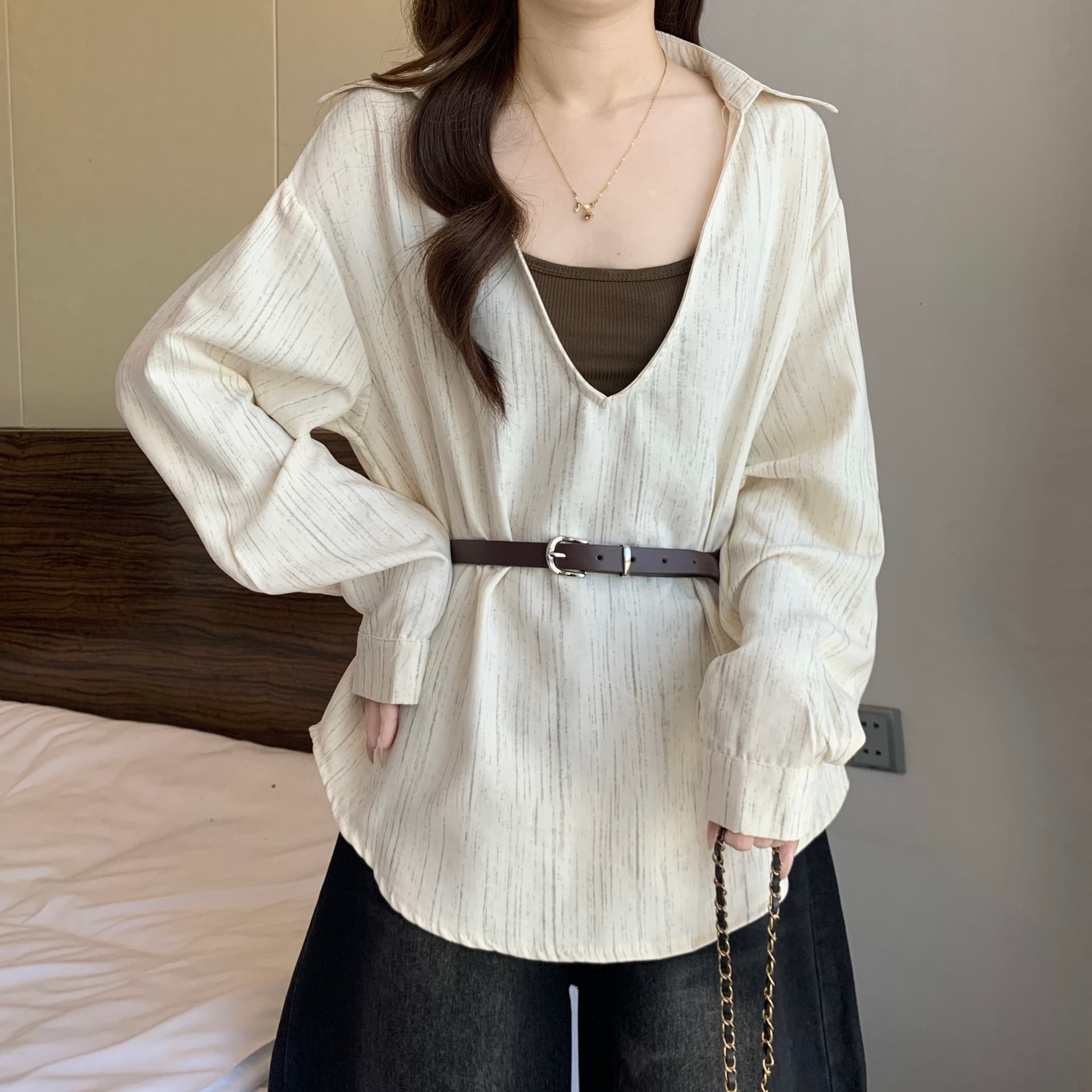 고급 센스 레트로 품격 폴로 칼라 긍정적 인 어깨 긴팔 여성 셔츠 가을 빅 사이즈 지방 mm 허리 수축 기본 셔츠 투피스 세트 상세 이미지 12
