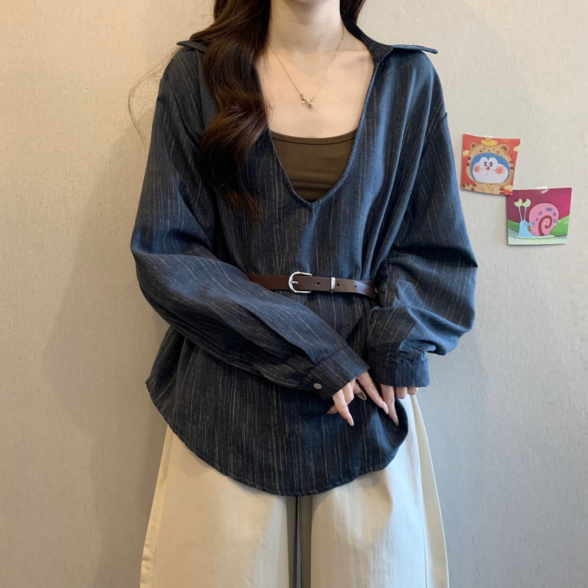 고급 센스 레트로 품격 폴로 칼라 긍정적 인 어깨 긴팔 여성 셔츠 가을 빅 사이즈 지방 mm 허리 수축 기본 셔츠 투피스 세트 상세 이미지 14