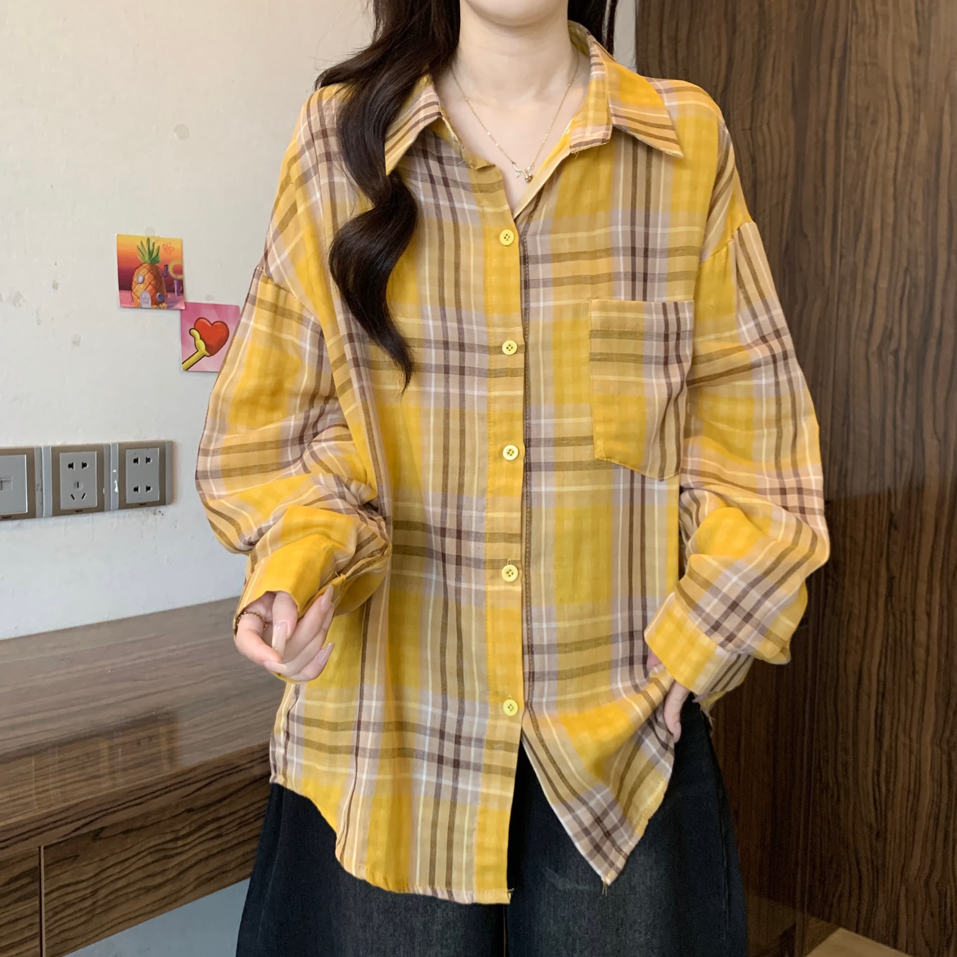 한 부서 세련된 ab 얼굴 이중층 면사 체크무늬 긴팔 빅 사이즈 여성 가을 여름 느긋한 바람 루즈핏 다용도 셔츠 재킷 상세 이미지 8