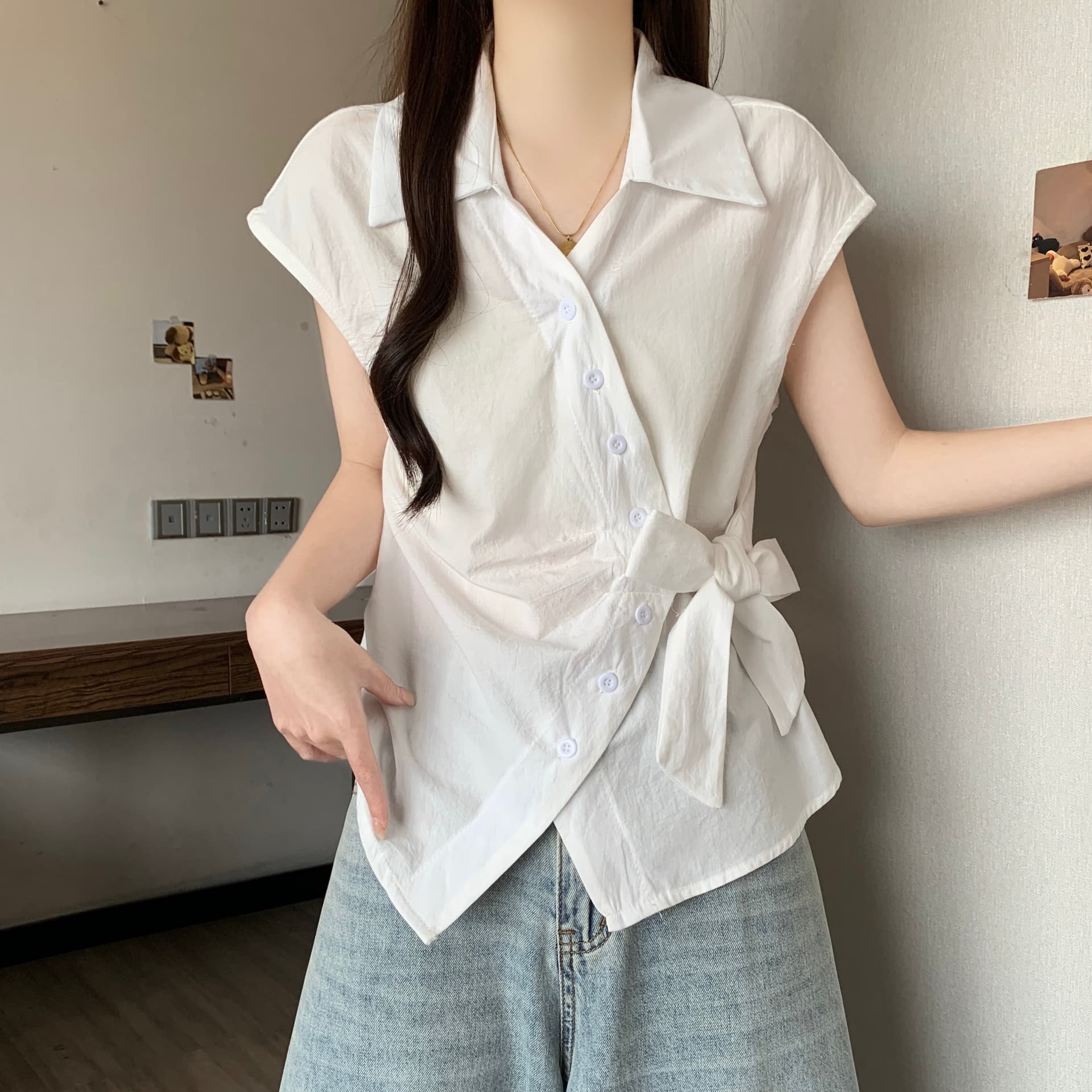 불규칙 십자가 V넥 반팔 외출용 여성 셔츠 봄 여름 빅 사이즈 지방 mm 슬림해 보이는 레이스업 허리 수축 표지 배 맨위 상세 이미지 8