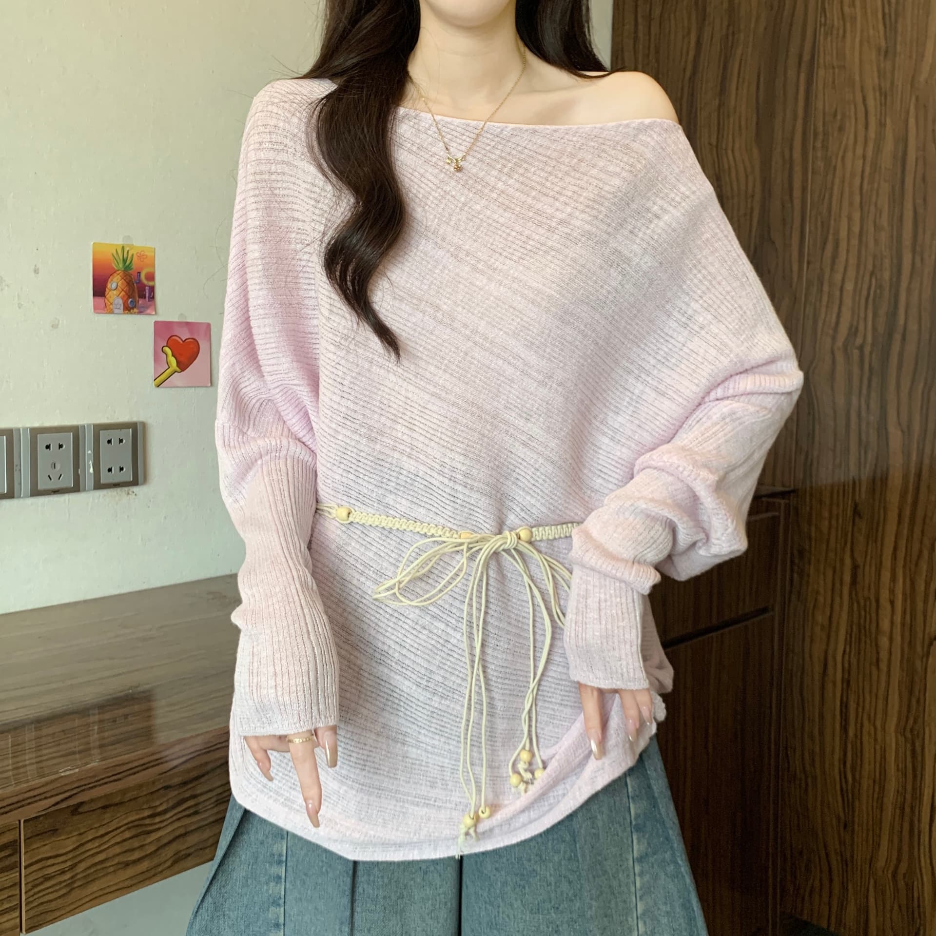 단색 얇은 스타일 니트 스웨터 여성 2026 새로운 봄 여름 빅 사이즈 지방 mm 허리 수축 불규칙 자외선 차단 에어컨 셔츠 맨위 상세 이미지 12