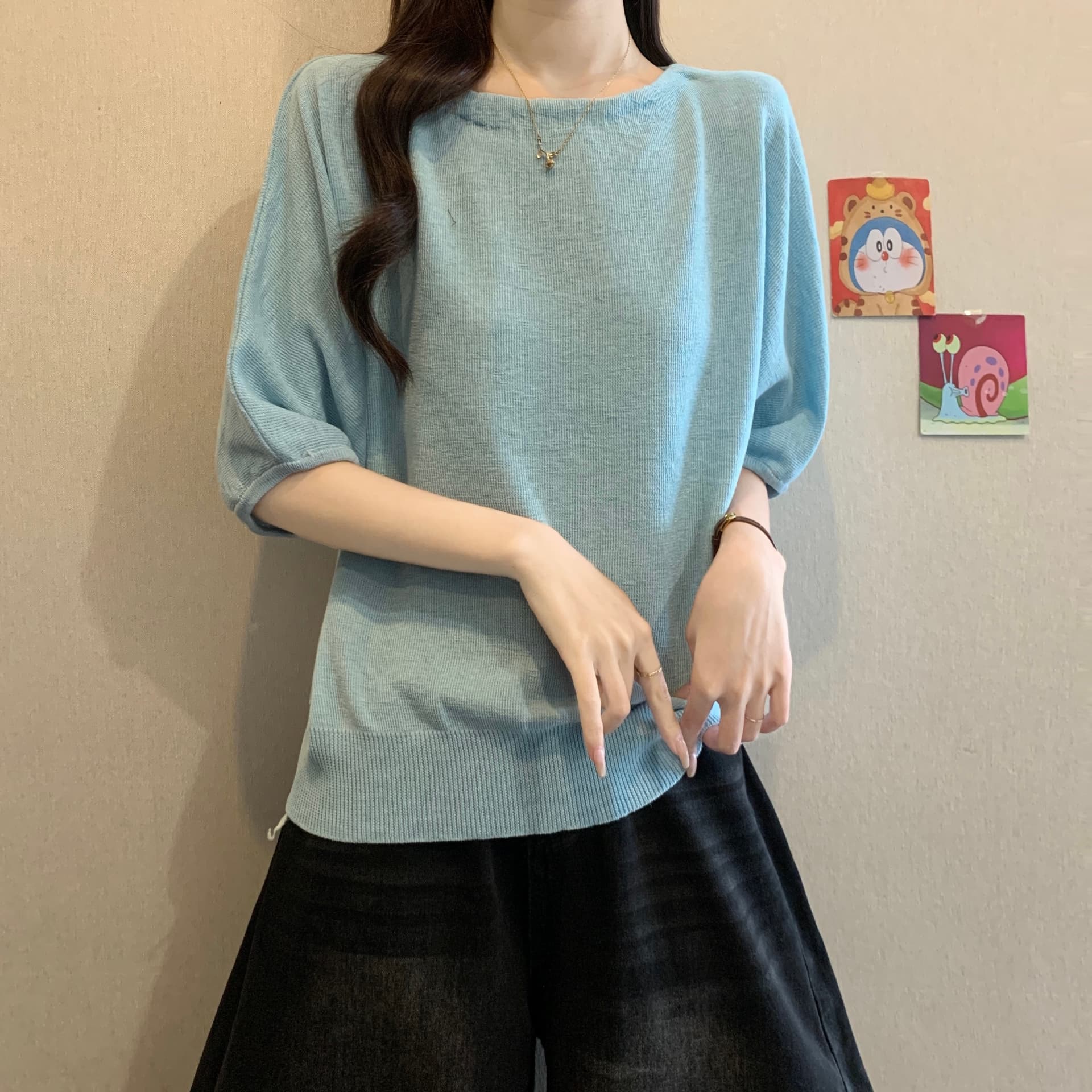 한 부서 부드러운 바람 비스듬한 어깨 5 점 소매 짠 셔츠 여성 봄 여름 디자인 센스 빅 사이즈 허리 수축 슬림해 보이는 품격 맨위 상세 이미지 3