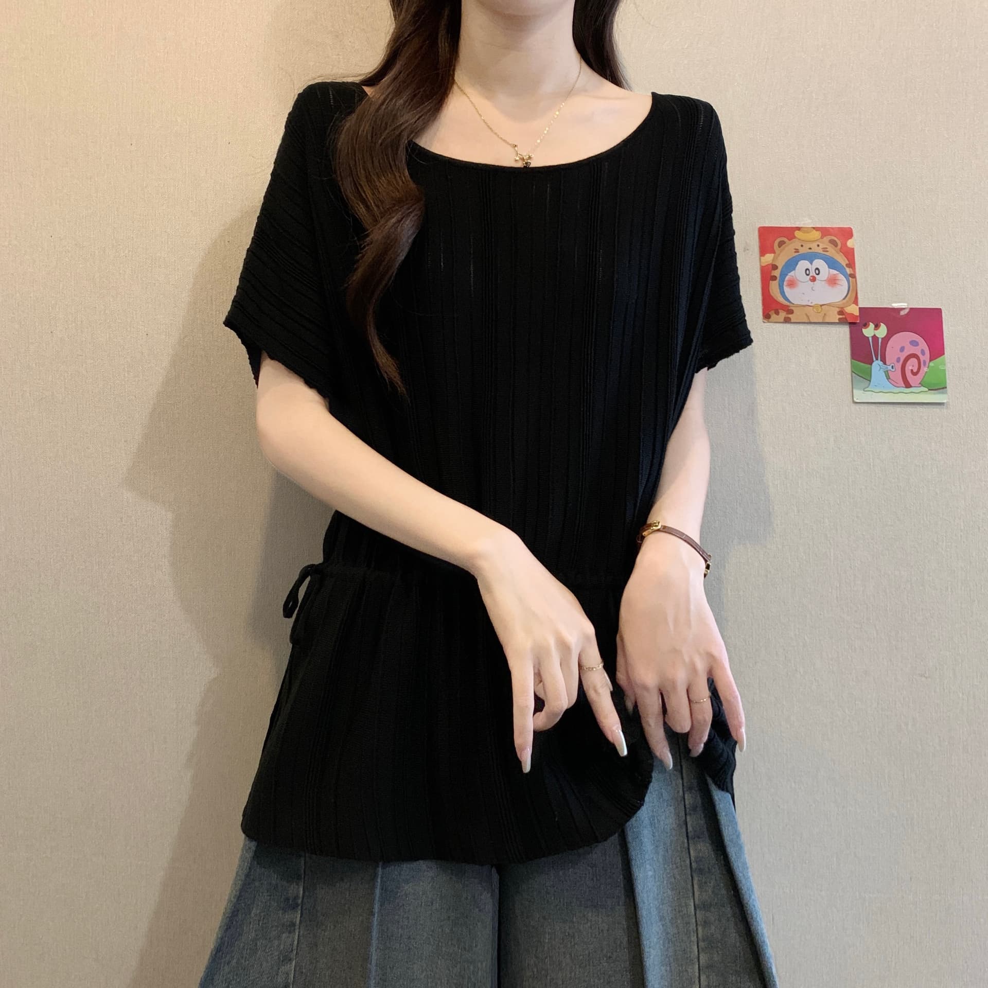 오래된 돈 바람 구덩이 기사 배트윙 소매 니트 반팔 티셔츠 여성 여름 빅 사이즈 느긋한 루즈핏 허리 수축 얇은 자외선 차단 블라우스 상세 이미지 14