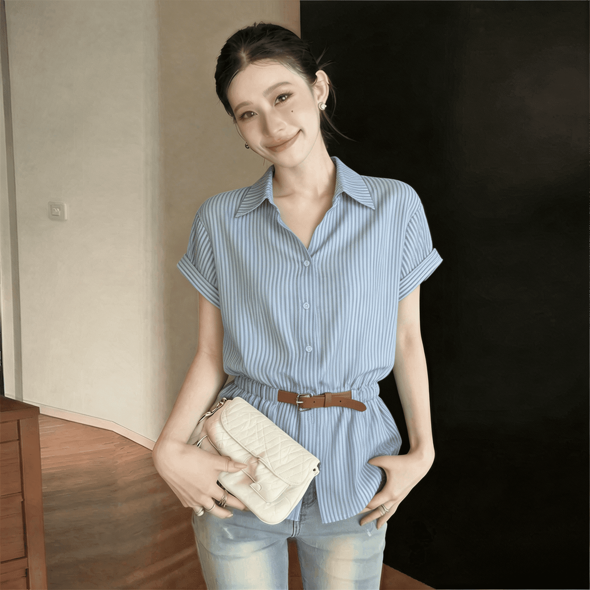 스트라이프 V넥 허리 수축 기본 셔츠 반팔 여성 셔츠 여름 새로운 마이크로 지방 빅 사이즈 고급 센스 그레이트 봐. 의류 상세 이미지 3