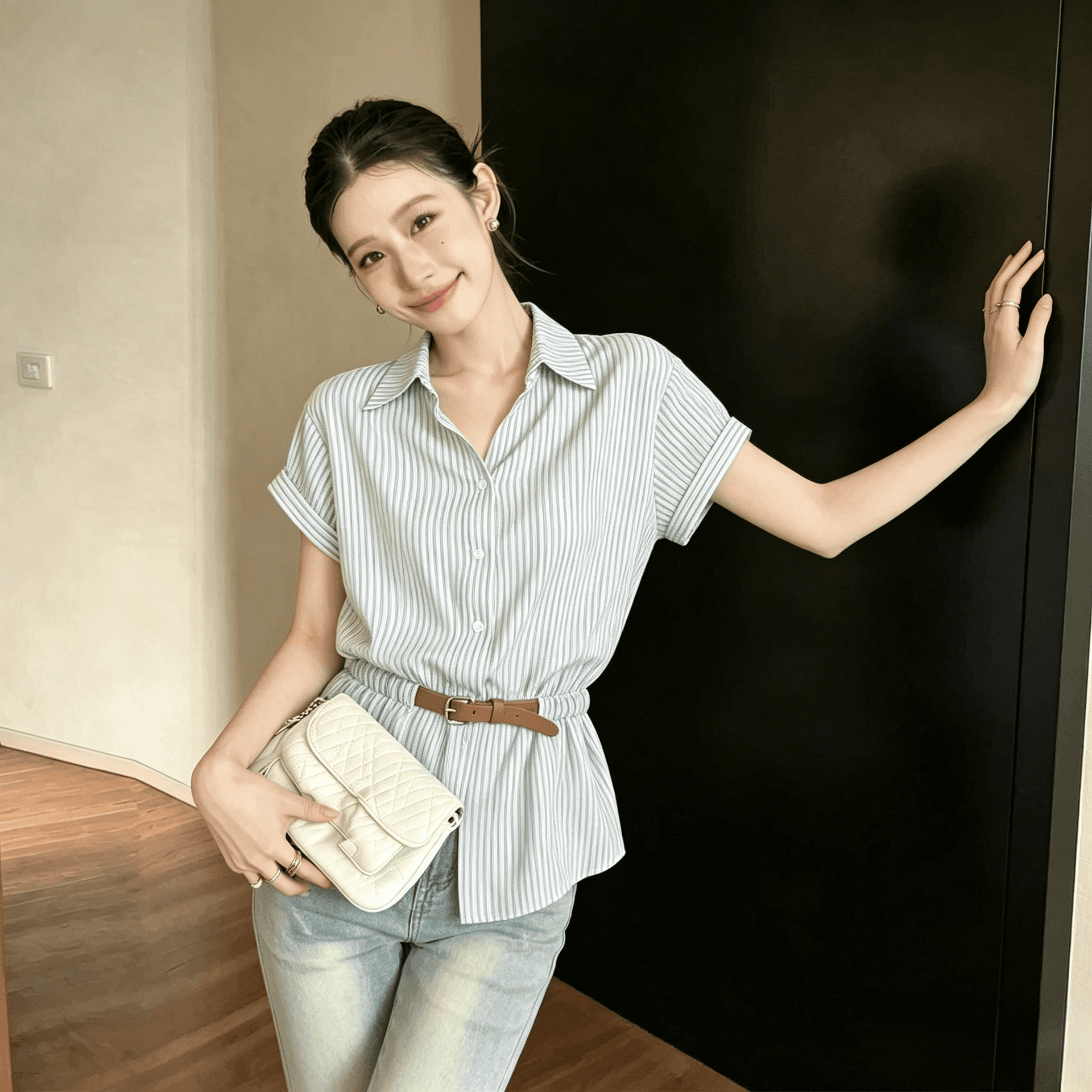 스트라이프 V넥 허리 수축 기본 셔츠 반팔 여성 셔츠 여름 새로운 마이크로 지방 빅 사이즈 고급 센스 그레이트 봐. 의류 상세 이미지 4