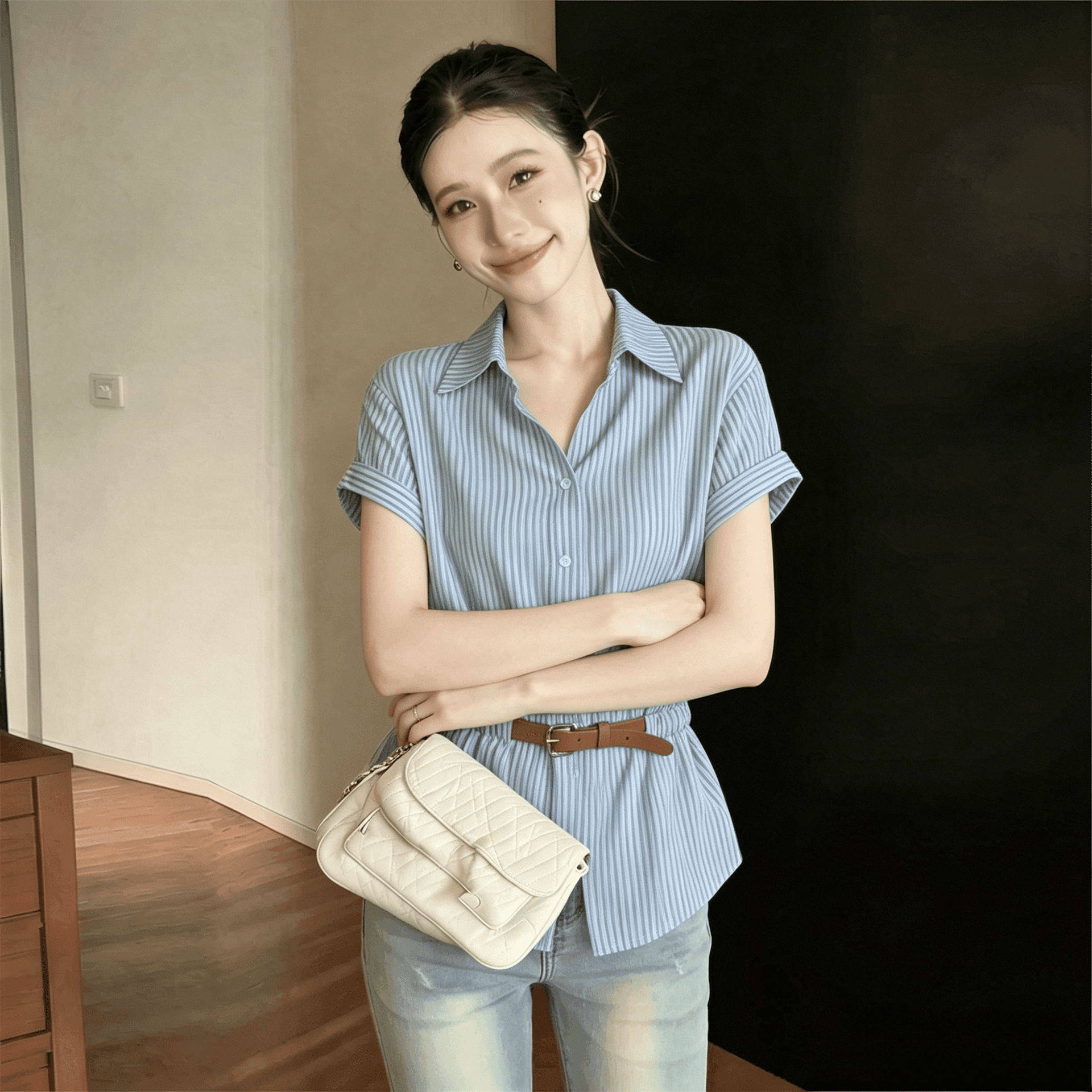 스트라이프 V넥 허리 수축 기본 셔츠 반팔 여성 셔츠 여름 새로운 마이크로 지방 빅 사이즈 고급 센스 그레이트 봐. 의류 상세 이미지 5