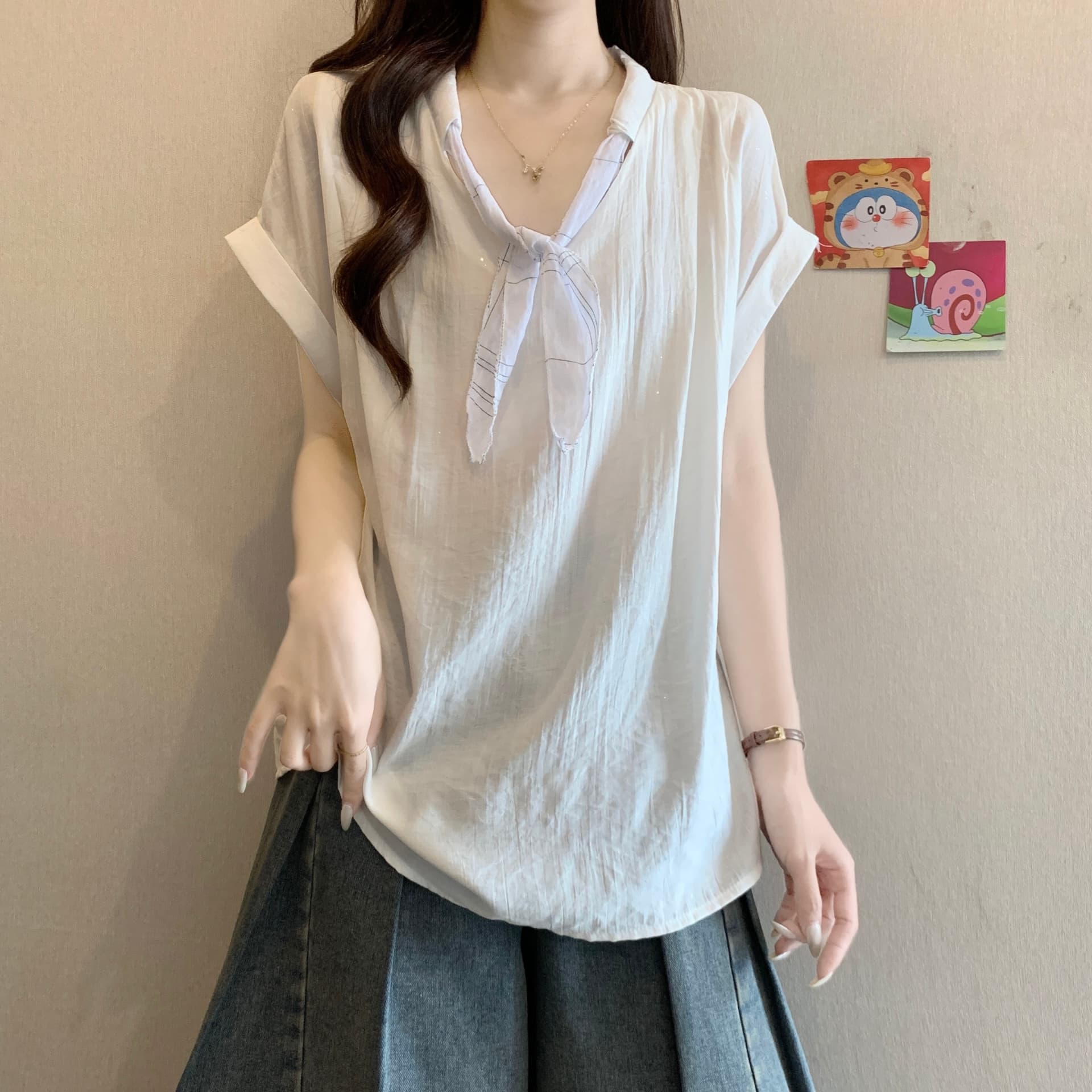 한 부서 출퇴근 패션 디자인 센스 반팔 여성 셔츠 여름 스카프 칼라 셔츠 루즈핏 디스플레이 얇고 작은 날다 소매 맨위 이미지 3
