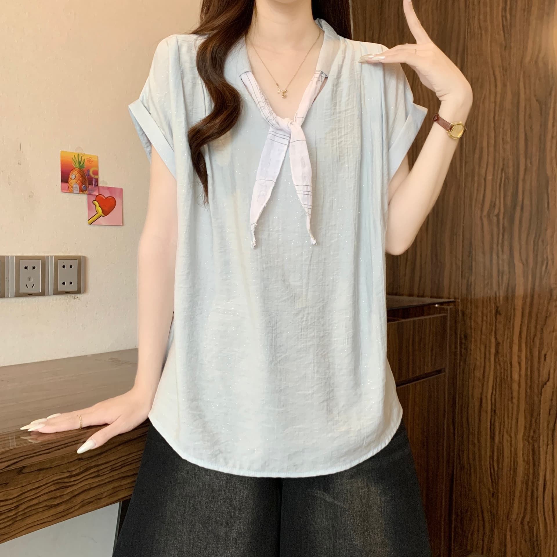 한 부서 출퇴근 패션 디자인 센스 반팔 여성 셔츠 여름 스카프 칼라 셔츠 루즈핏 디스플레이 얇고 작은 날다 소매 맨위 이미지 4