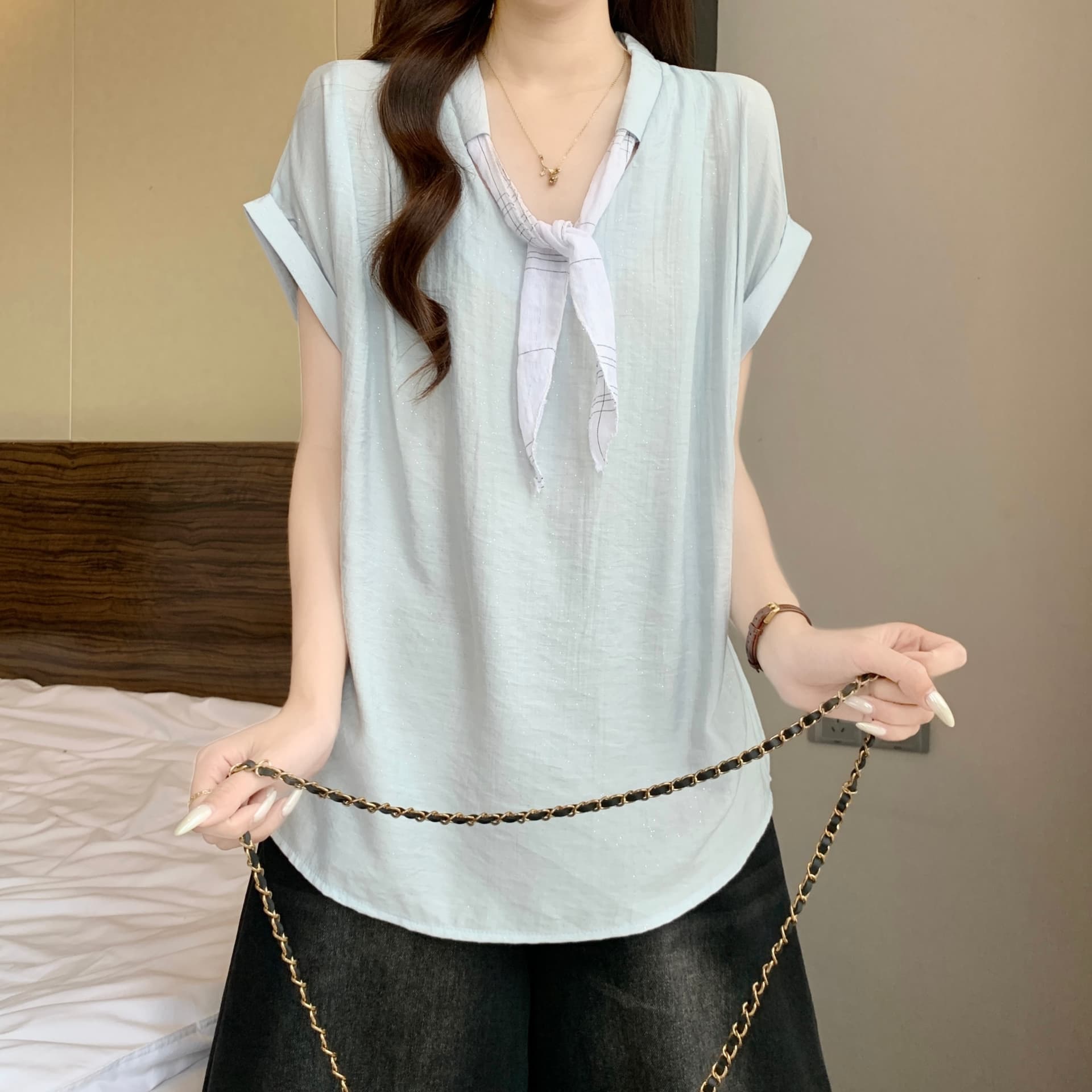 한 부서 출퇴근 패션 디자인 센스 반팔 여성 셔츠 여름 스카프 칼라 셔츠 루즈핏 디스플레이 얇고 작은 날다 소매 맨위 상세 이미지 11