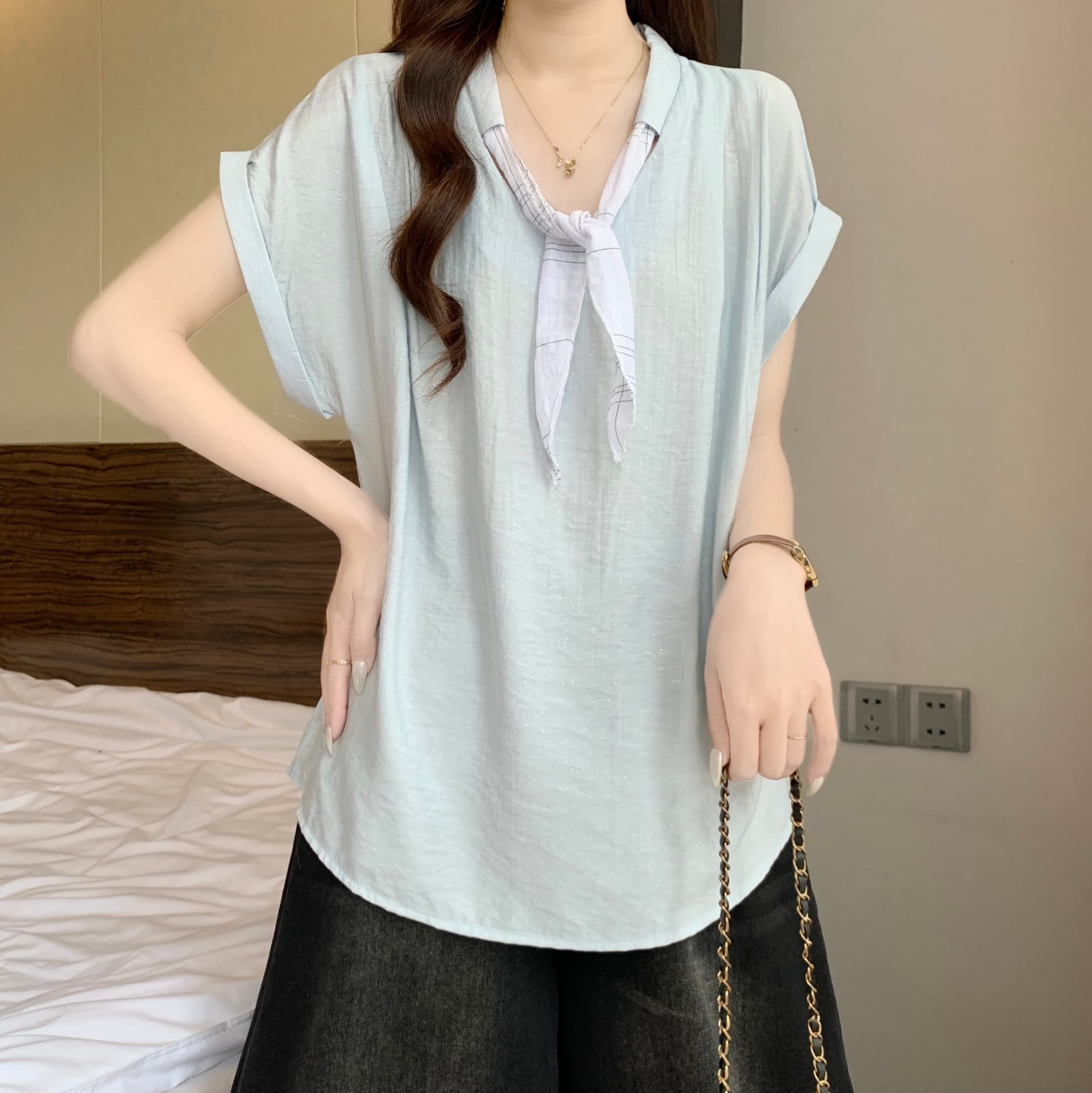 한 부서 출퇴근 패션 디자인 센스 반팔 여성 셔츠 여름 스카프 칼라 셔츠 루즈핏 디스플레이 얇고 작은 날다 소매 맨위 상세 이미지 12