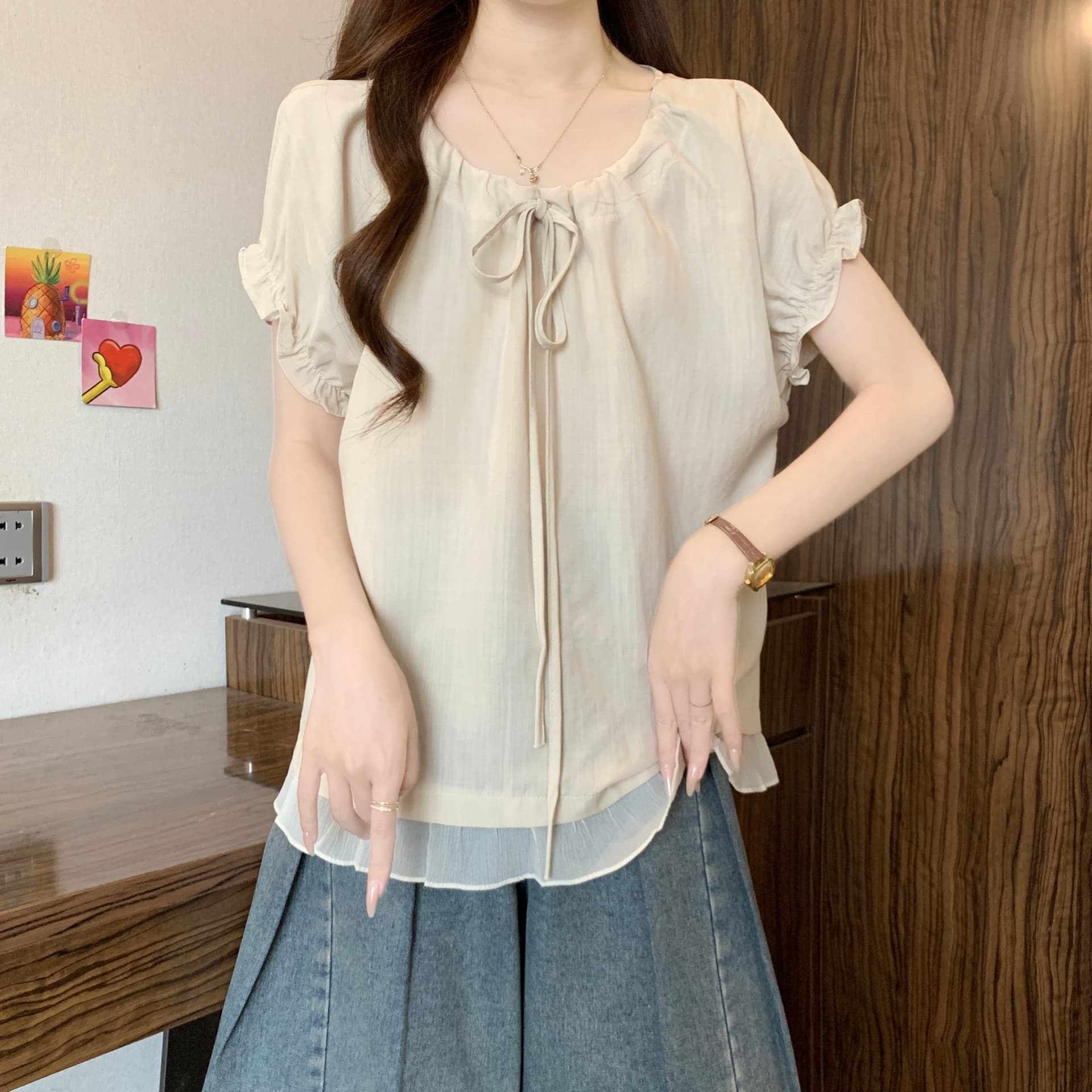 프랑스식 부드러운 바람 프릴 레이스업 반팔 티셔츠 빅 사이즈 여성 셔츠 2026 여름 새로운 루즈핏 외국 가스 맨위 이미지 4