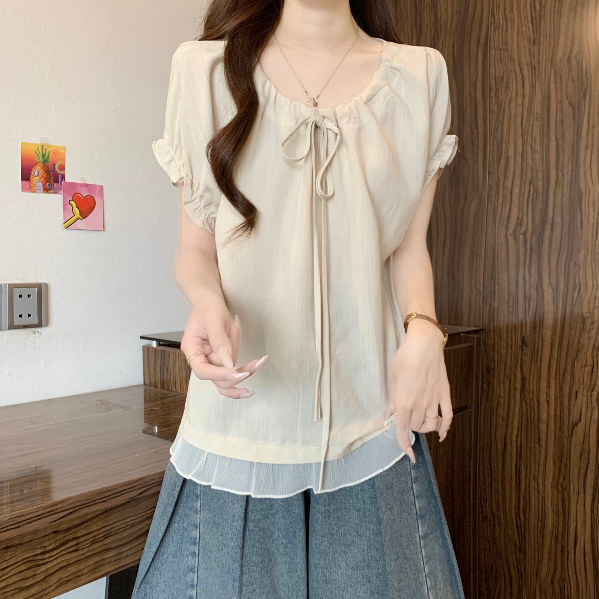 프랑스식 부드러운 바람 프릴 레이스업 반팔 티셔츠 빅 사이즈 여성 셔츠 2026 여름 새로운 루즈핏 외국 가스 맨위 상세 이미지 11