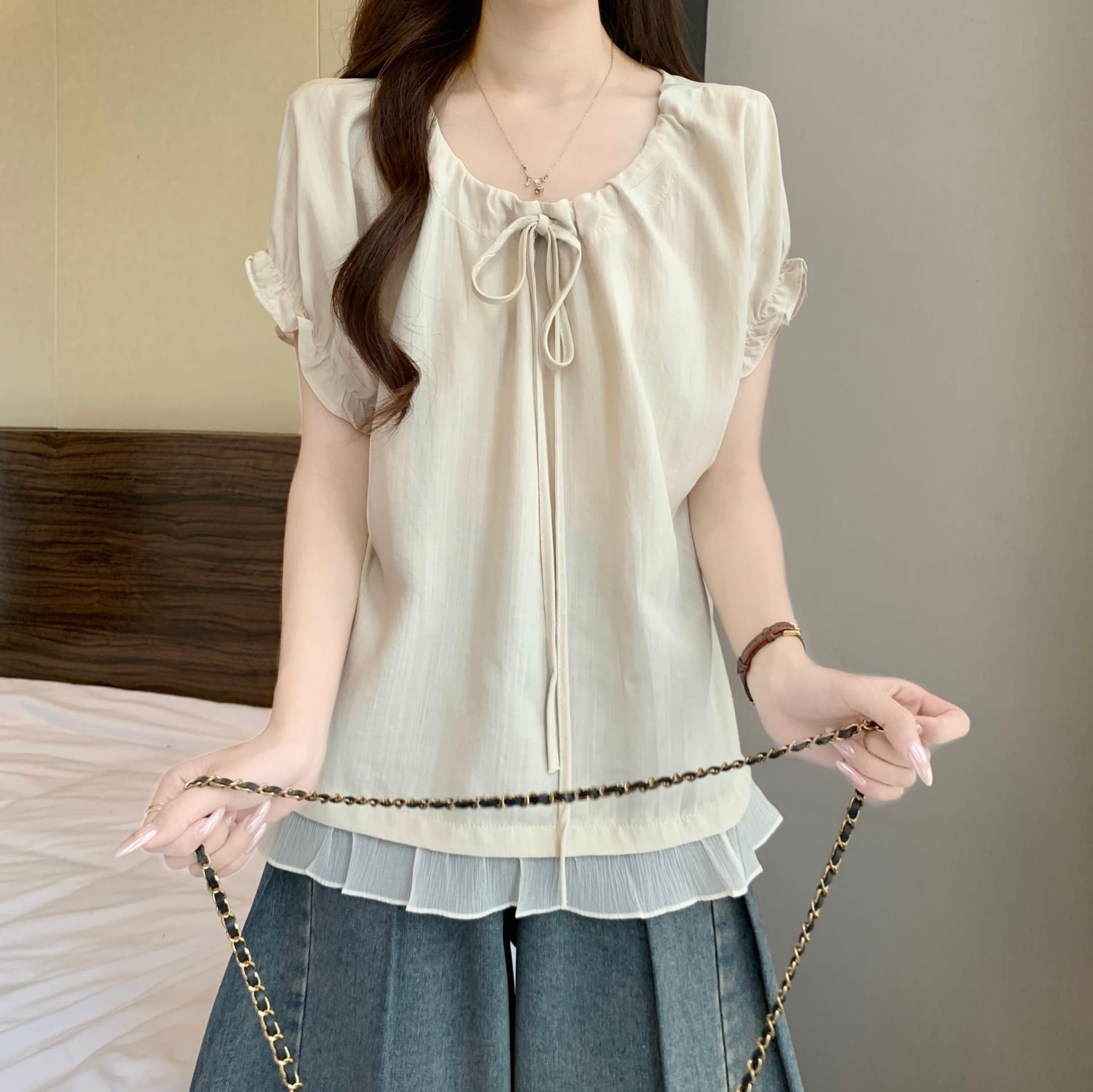 프랑스식 부드러운 바람 프릴 레이스업 반팔 티셔츠 빅 사이즈 여성 셔츠 2026 여름 새로운 루즈핏 외국 가스 맨위 상세 이미지 14
