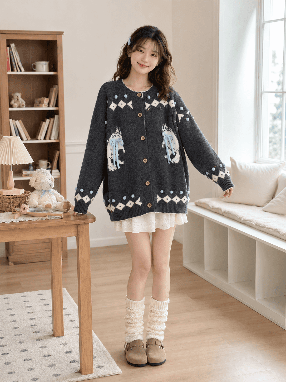 빅 사이즈 여성 의류 루즈핏 민족 스타일 레트로 공정한 섬 만화 새끼 고양이 패턴 니트 재킷 스웨터 니트 재킷 상세 이미지 6
