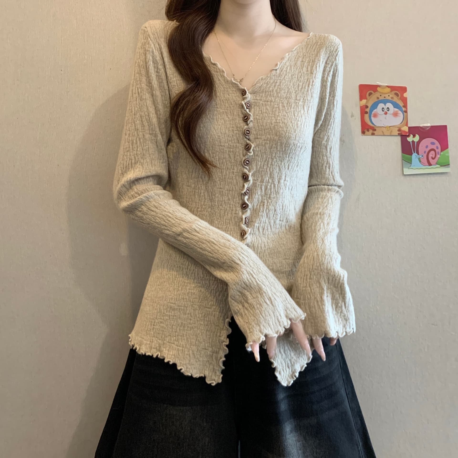 지방 mm 한 부서 가을 새로운 크림 바람 프릴 단추 니트 오픈 가디건 여성 긴 소매 부드러운 맨위 상세 이미지 2