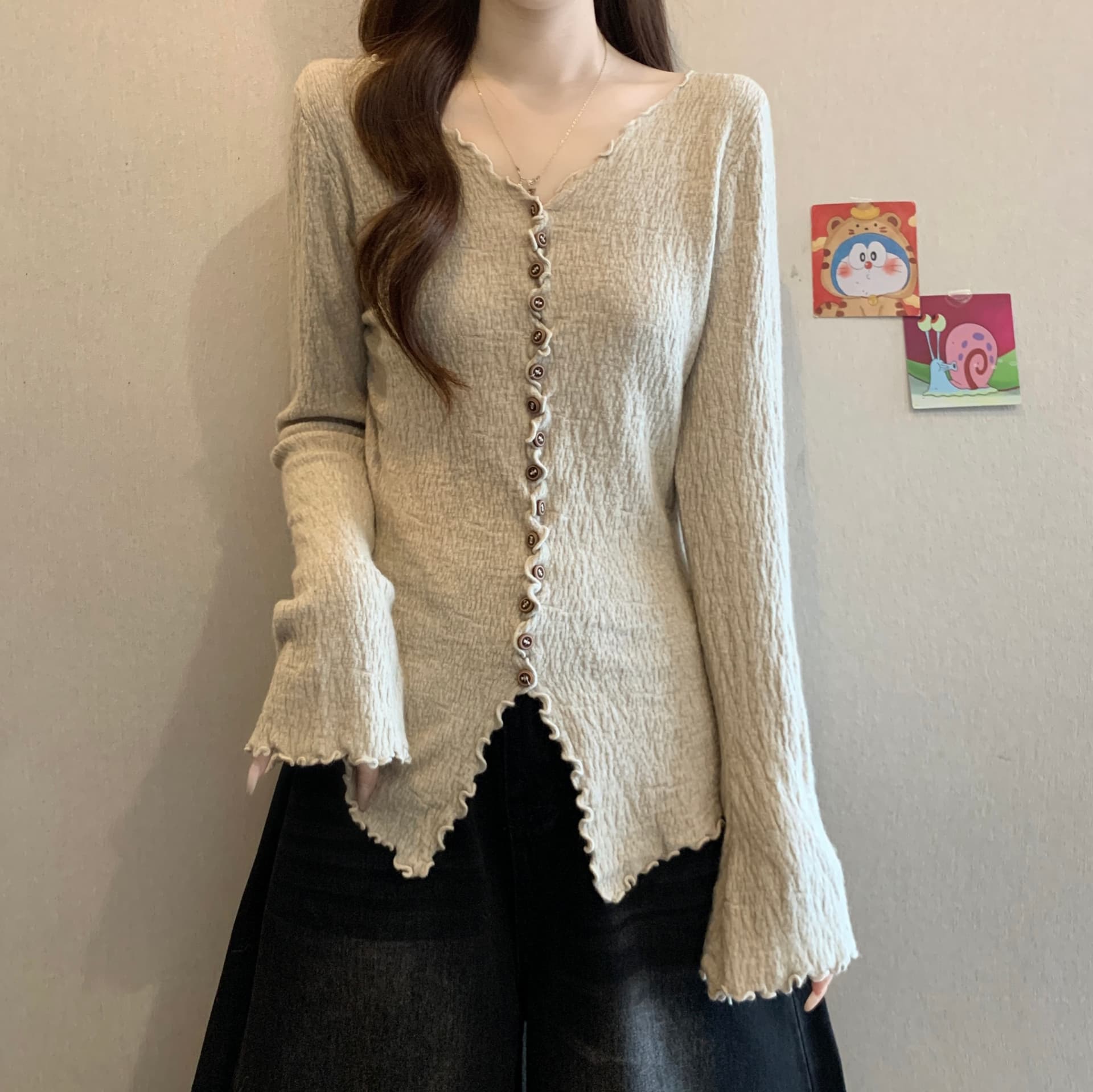 지방 mm 한 부서 가을 새로운 크림 바람 프릴 단추 니트 오픈 가디건 여성 긴 소매 부드러운 맨위 상세 이미지 17