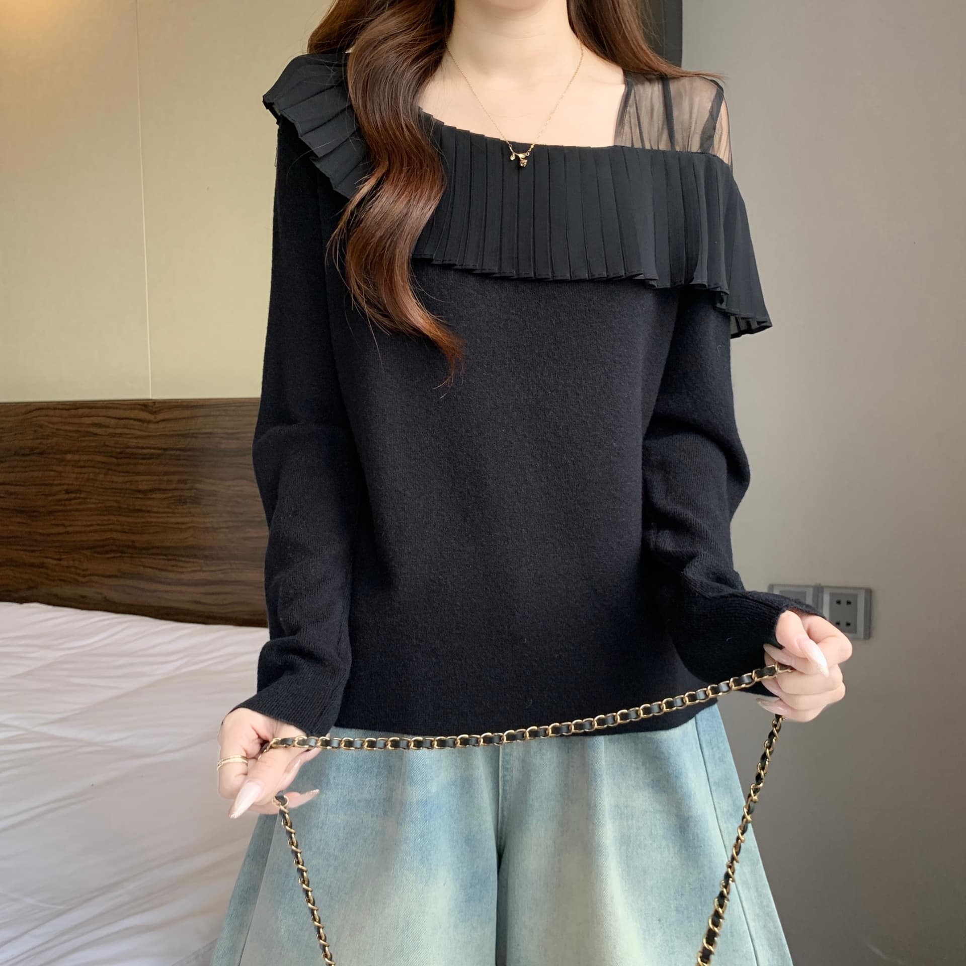 빅 사이즈 가을 겨울 부드러운 한 부서 바람 프릴 오프숄더 니트 스웨터 여성 긴 소매 비대칭 디자인 센스 맨위 상세 이미지 6