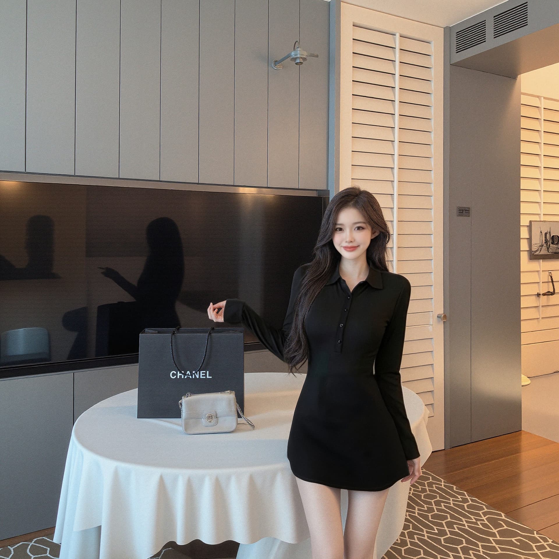 이른 봄 새로운 검정색 POLO 칼라 긴팔 여성 드레스 몸매 가꾸기 슬림해 보이는 미니 스커트 품격 빛 럭셔리 출퇴근 데이트 치마 이미지 2