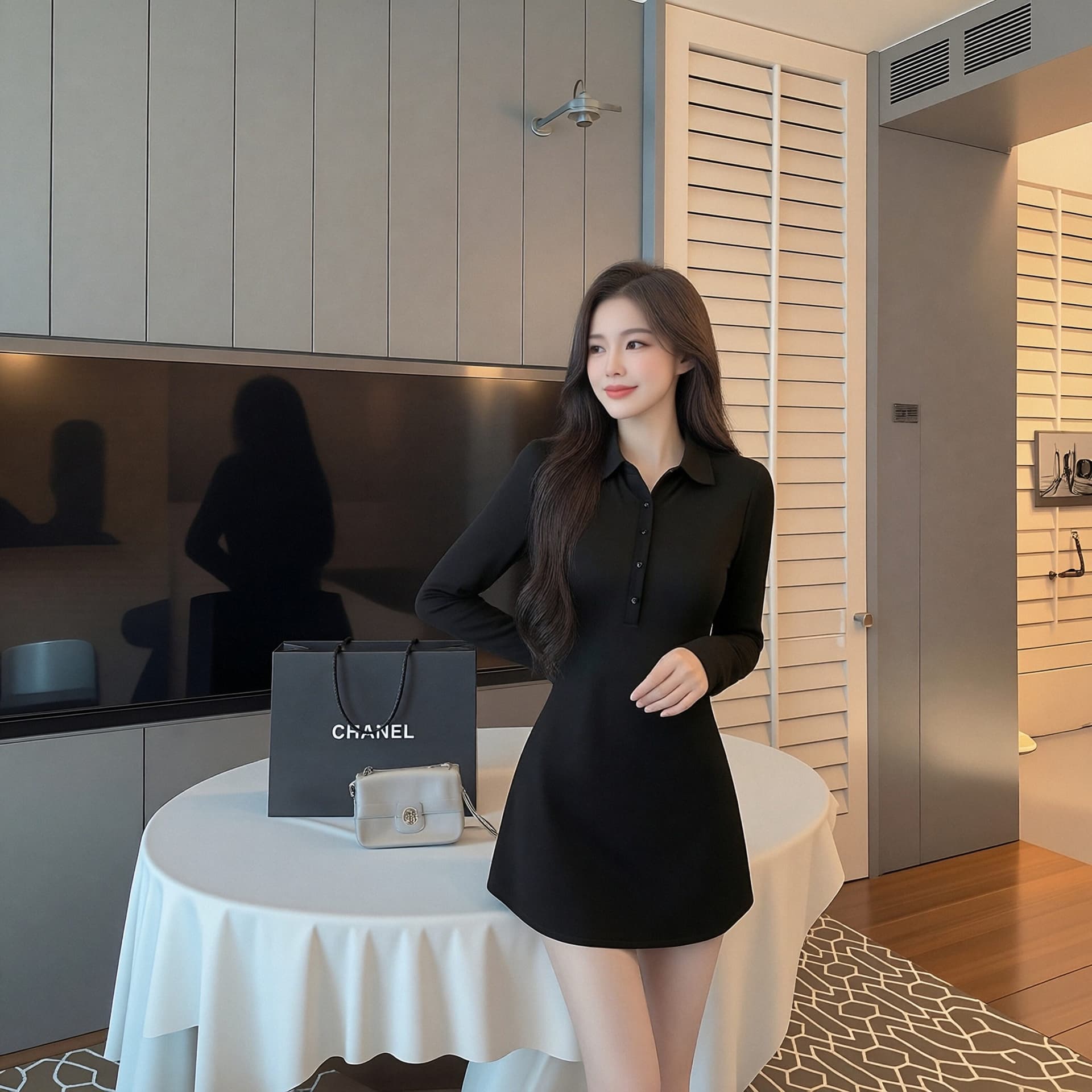 이른 봄 새로운 검정색 POLO 칼라 긴팔 여성 드레스 몸매 가꾸기 슬림해 보이는 미니 스커트 품격 빛 럭셔리 출퇴근 데이트 치마 이미지 5